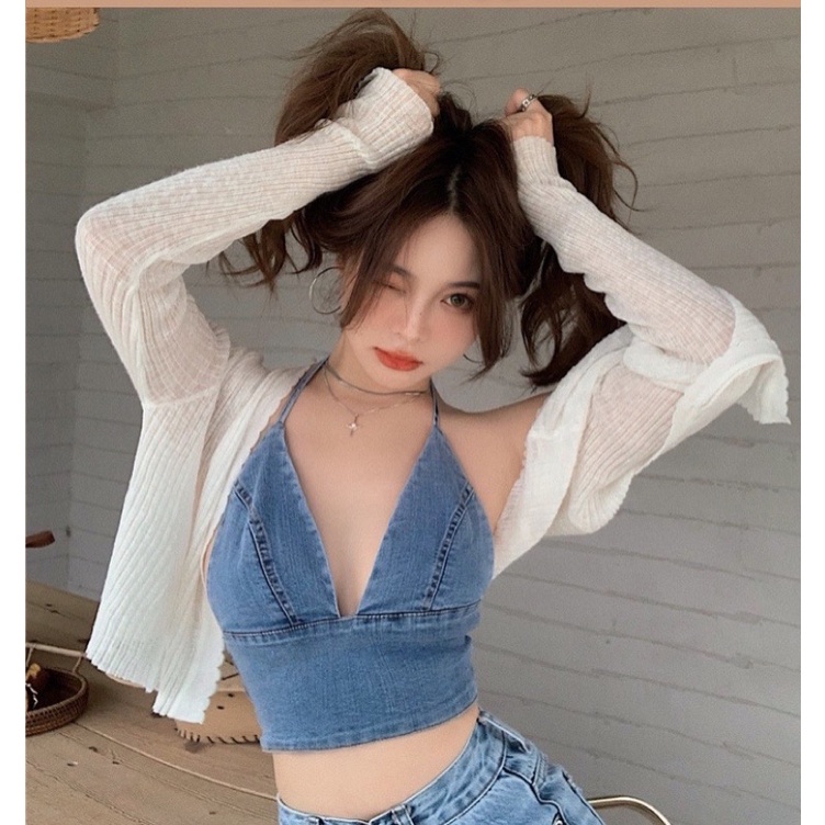 CR204 Áo croptop hai dây denim / jean cúp ngực lưng chun sexy gợi cảm I.LCLOTHING