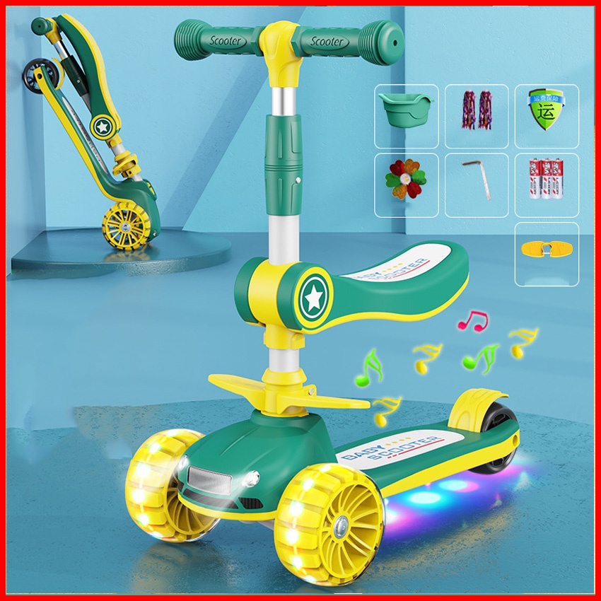 Xe scooter gấp gọn cho bé tích hợp ghế ngồi hiện đại bánh xe full Led có phát nhạc - Xe trượt scooter trẻ em 3in1