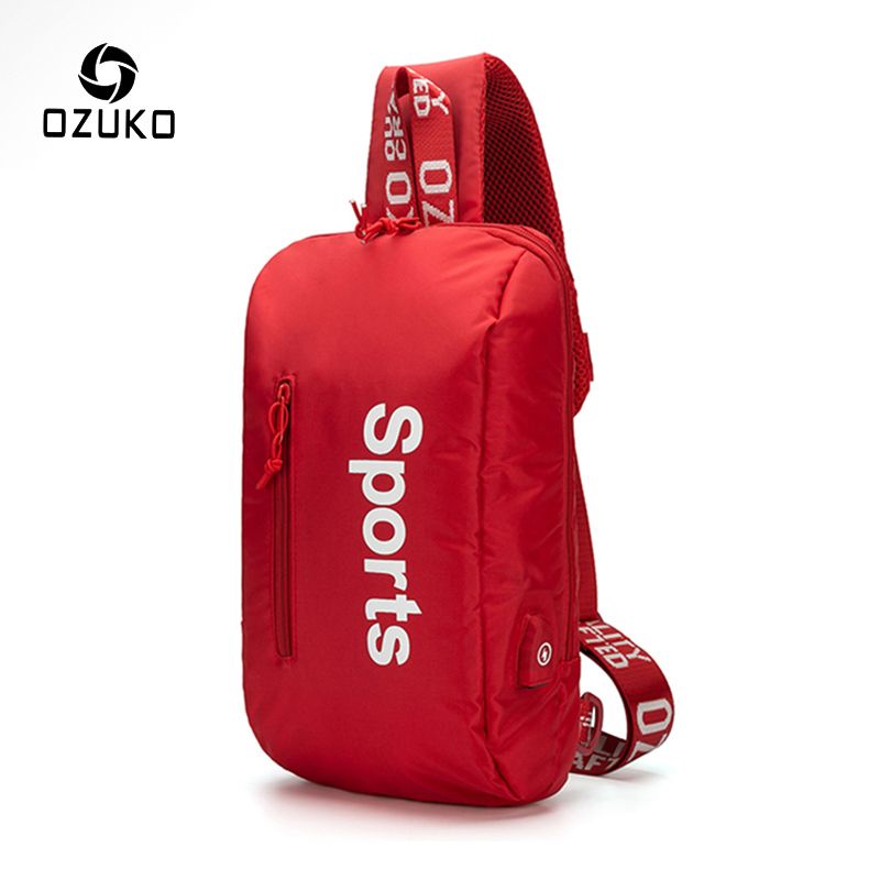 Túi đeo chéo nam nữ unisex OZUKO balo 1 quai thêu chữ Sport trắng vải chống thấm cổng sạc nhanh USP ngoài Mã 9110