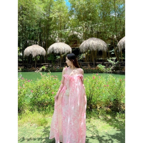 Đầm voan tơ suông bèo 2 dây hoạ tiết Hồng Vàng váy đi chơi du lịch Đà Lạt đi biển dễ thương hotgirl tk bầu bí bon chen