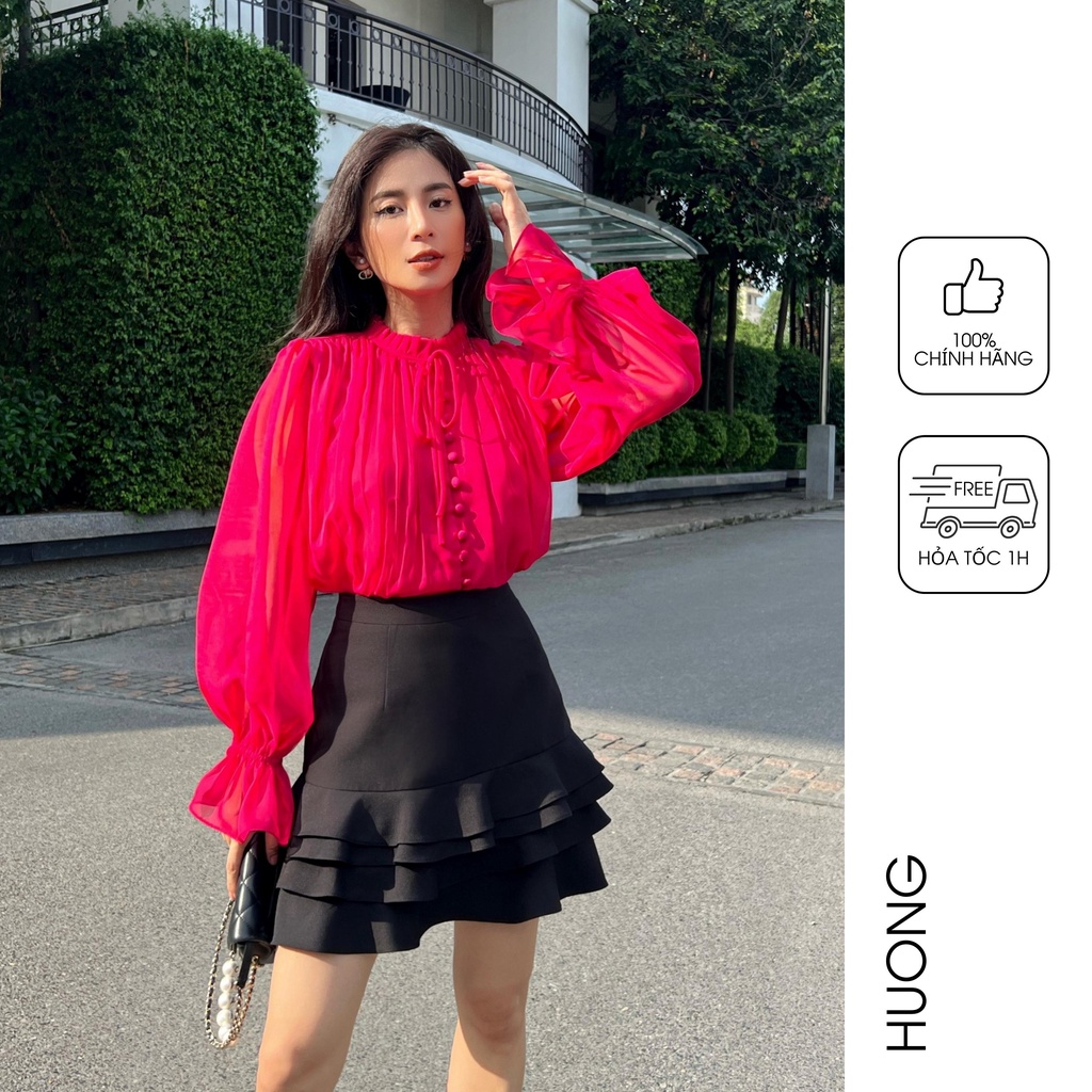 Áo sơ mi tơ tằm cổ bèo xếp nhún vai HUONG BOUTIQUE HBSM1051