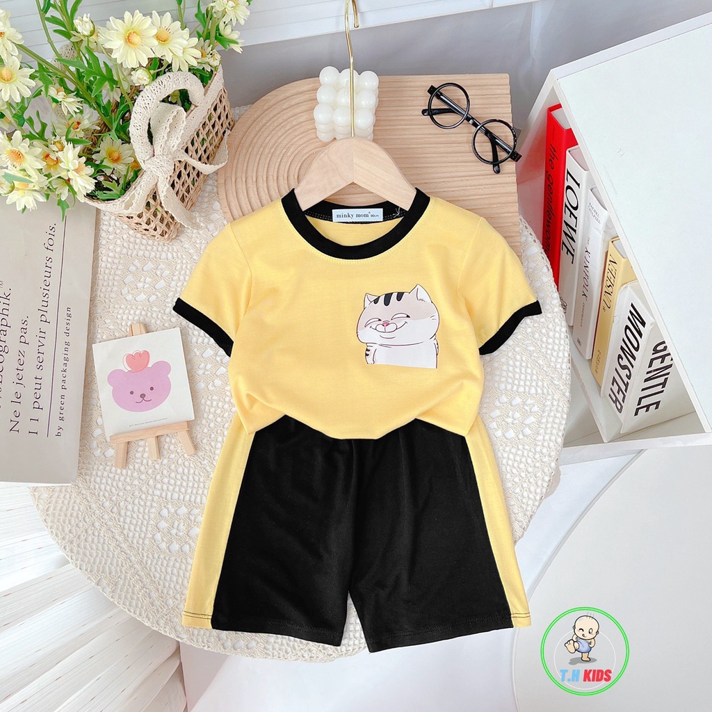 Bộ cộc tay, bộ quần áo cho bé trai, bé gái MINKY MOM in Mèo Ngố kute in pet không bong tróc