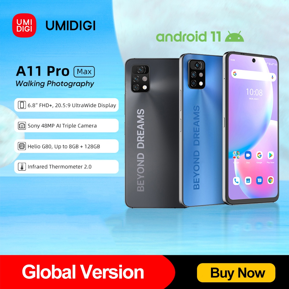 UMIDIGI A11 Pro Max Phiên Bản Toàn Cầu 6.8 "FHD + Màn Hình Điện Thoại Thông Minh Ba Camera Helio G80 48MP AI 128GB ROM 5150mAh