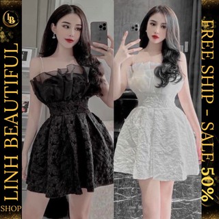 💕𝙁𝙍𝙀𝙀𝙎𝙃𝙄𝙋💕Đầm thiết kế - Váy gấm hoa phối bèo hai dây ngọc sang chảnh phù hợp với các bữa tiệc   , Linh Beautiful