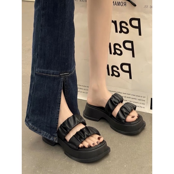 Dép nữ quai nhăn ulzzang đế cao 5cm mũi vuông