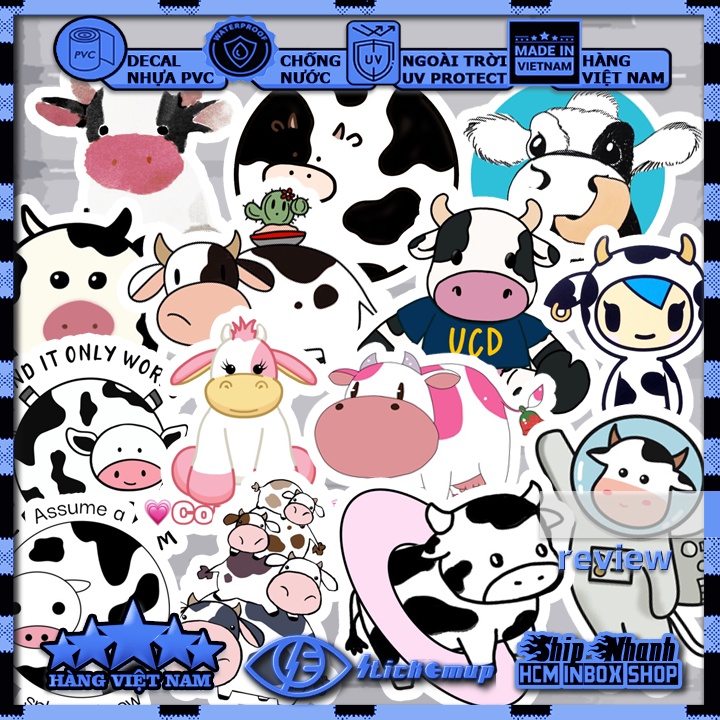 Sticker BÒ SỮA CUTE , hình dán bò sữa cute, chống nước, STICKER dán mũ bảo hiểm, dán laptop, dán vali, dán xe, D
