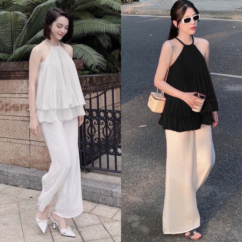 Set áo yếm voan tầng kèm quần suông lưng thun màu trắng và đen freesize Pumi 14182