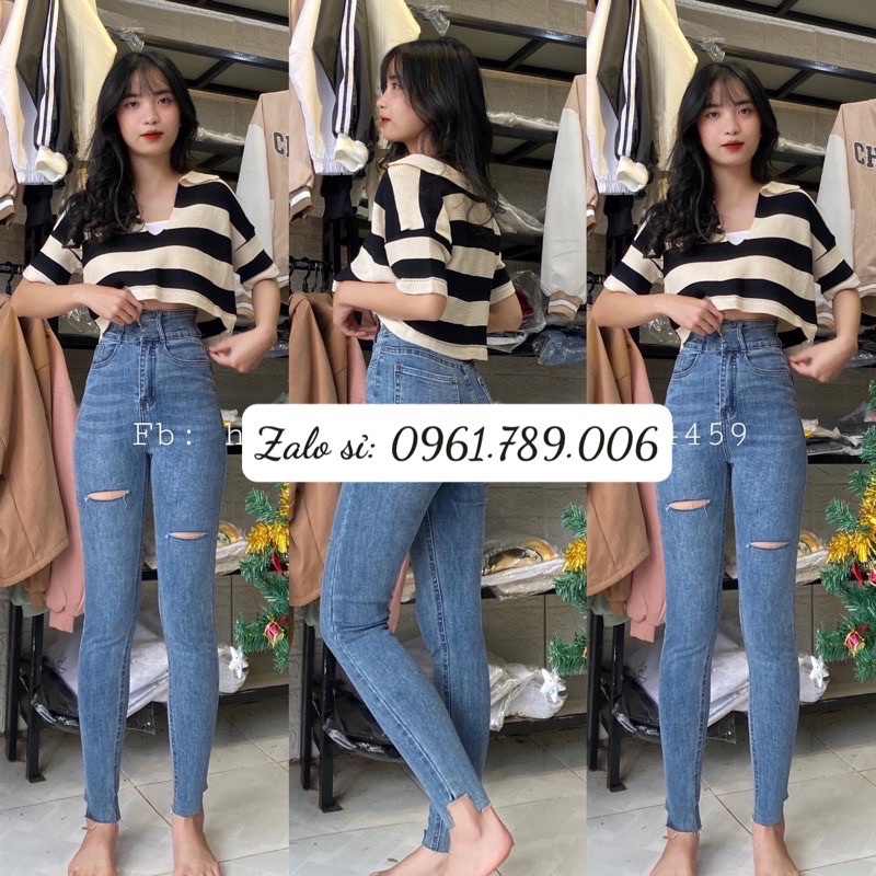 Set Jeans dài co giãn rách gấu Pt + croptop cổ bẻ sọc