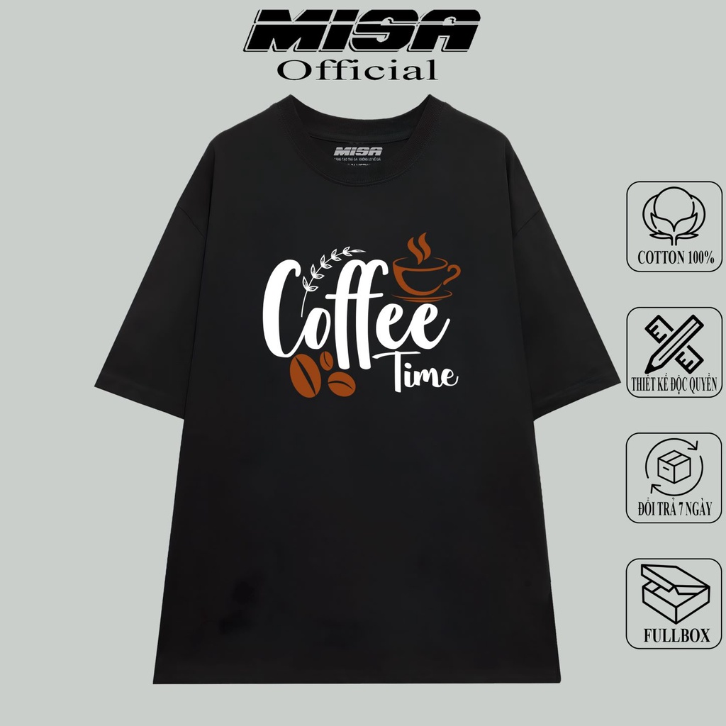Áo thun nam nữ form rộng tay lỡ MiSa chất vải cotton màu đen BST Cafe dành cho các tín đồ ghiền cafe