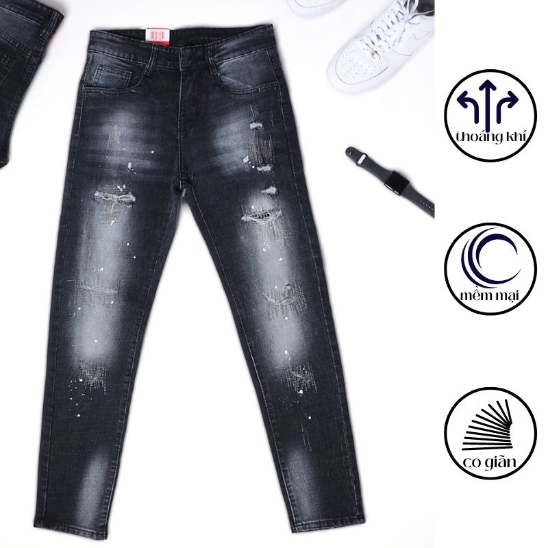 Quần jean nam cao cấp màu đen xám, quàn bó nam xước rách 64