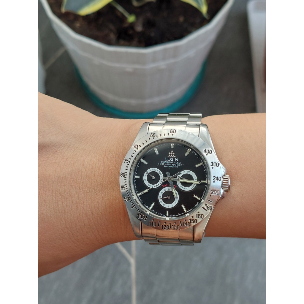 Đồng hồ nam Elgin 6 kim mặt đen chạy pin hàng Si