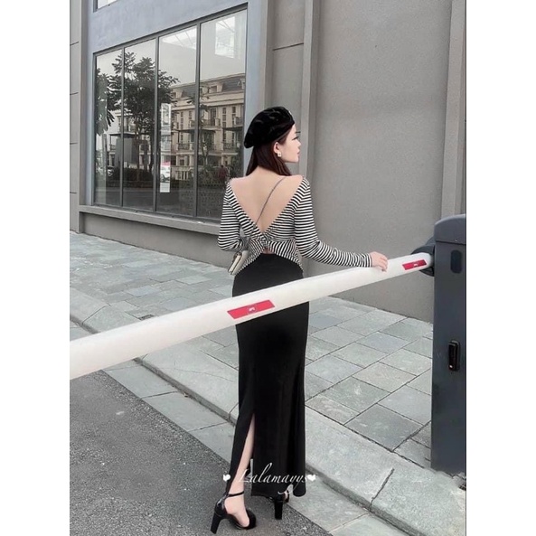 Dầm body áo lệch vai tay dài kèm CV ôm dài siêu dễ thương - Free size dưới 54kg