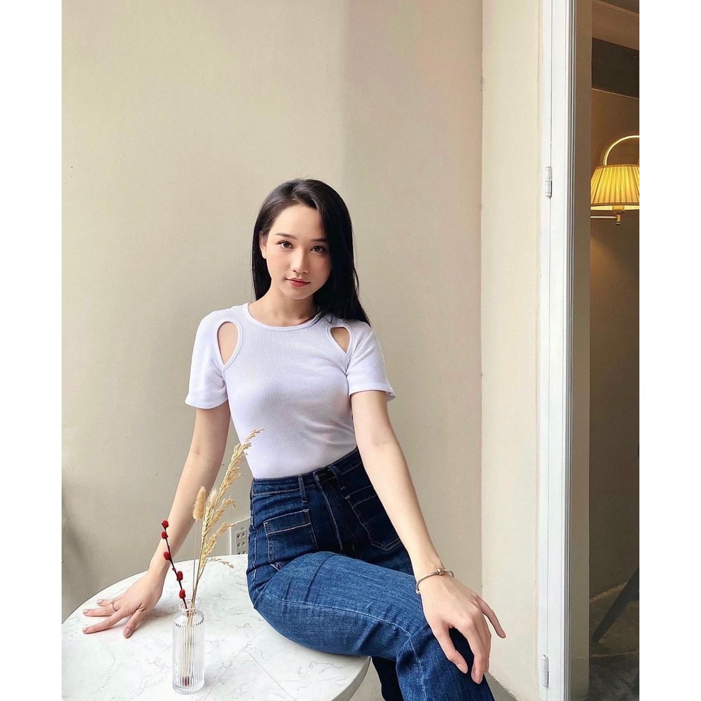 TheBlueTshirt - Áo Kiểu Nữ Khoét Vai Cổ Tròn - Shoulder Cutout Rib Cotton Top - Trắng