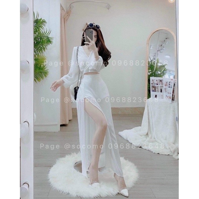 Áo tay dài cổ chữ V kèm chân váy dài xẻ tà cao sexy sang chảnh