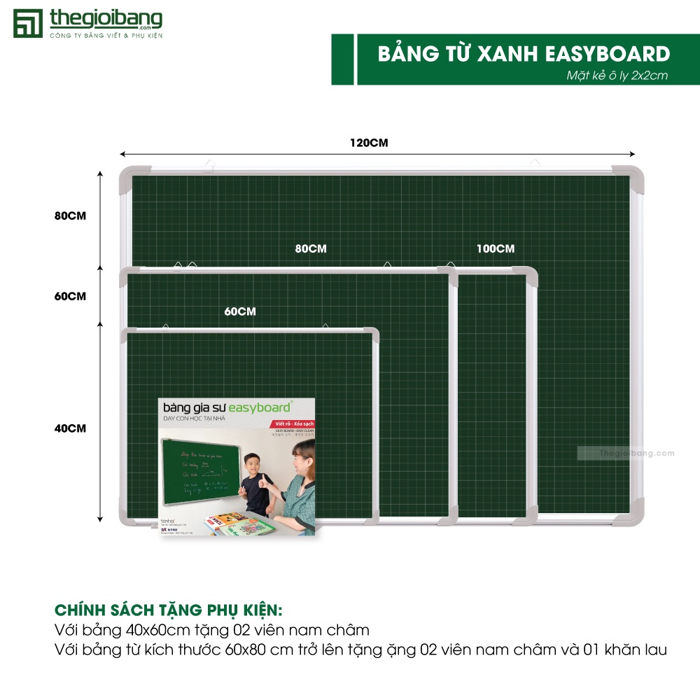 Bảng Từ Xanh Kẻ Ô Ly Tiểu Học (2x2cm) Easyboard Tân Hà - 60x80cm, 60x100cm, 80x120cm - Tặng Phụ Kiện