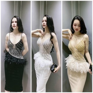 Đầm body hai dây kết pha lê đính lông cao cấp TẶNG KÈM HOA TAI THỜI TRANG