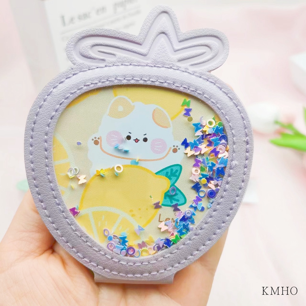 KMHO có thể gập lại Mini trang điểm gương sáng tạo cầm tay gấp PU vẻ đẹp gương sinh viên dễ thương phim hoạt hình gương
