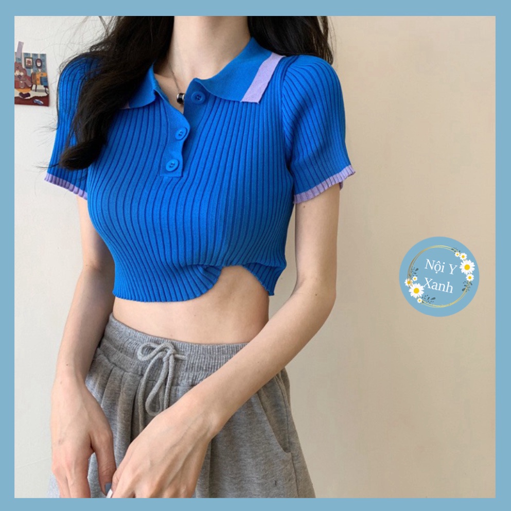 áo thun phông gân len nữ mongtoghi ngắn tay croptop cổ phối viền cá tính Nội Y Xanh