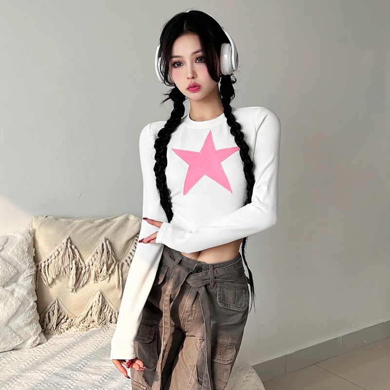 Weird Puss Áo Thun Tay Dài Hở Rốn Dáng Ôm Màu Sắc Tương Phản Phong Cách retro Dành Cho Nữ