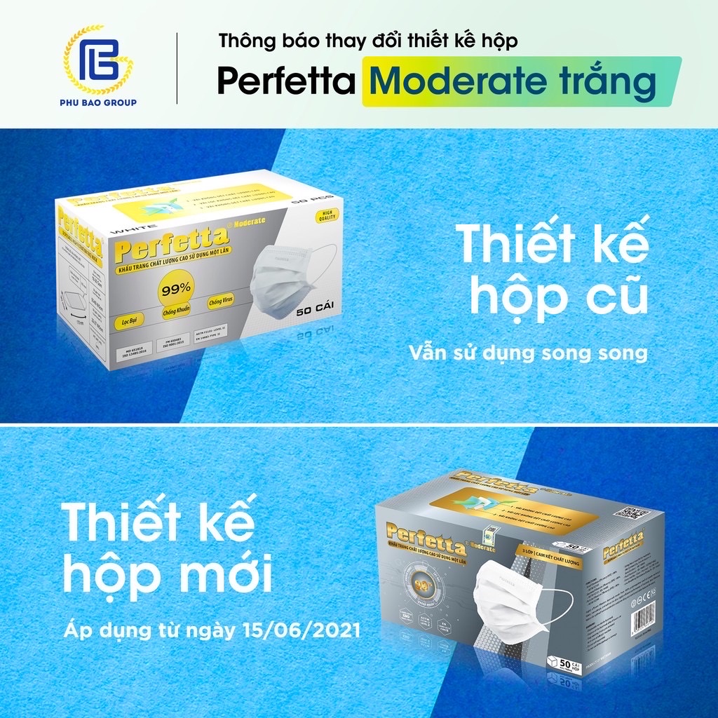 Khẩu Trang Y Tế 3 Lớp Cao Cấp Perfetta Moderate lọc bụi,chống khuẩn (1 hop 50 cai)