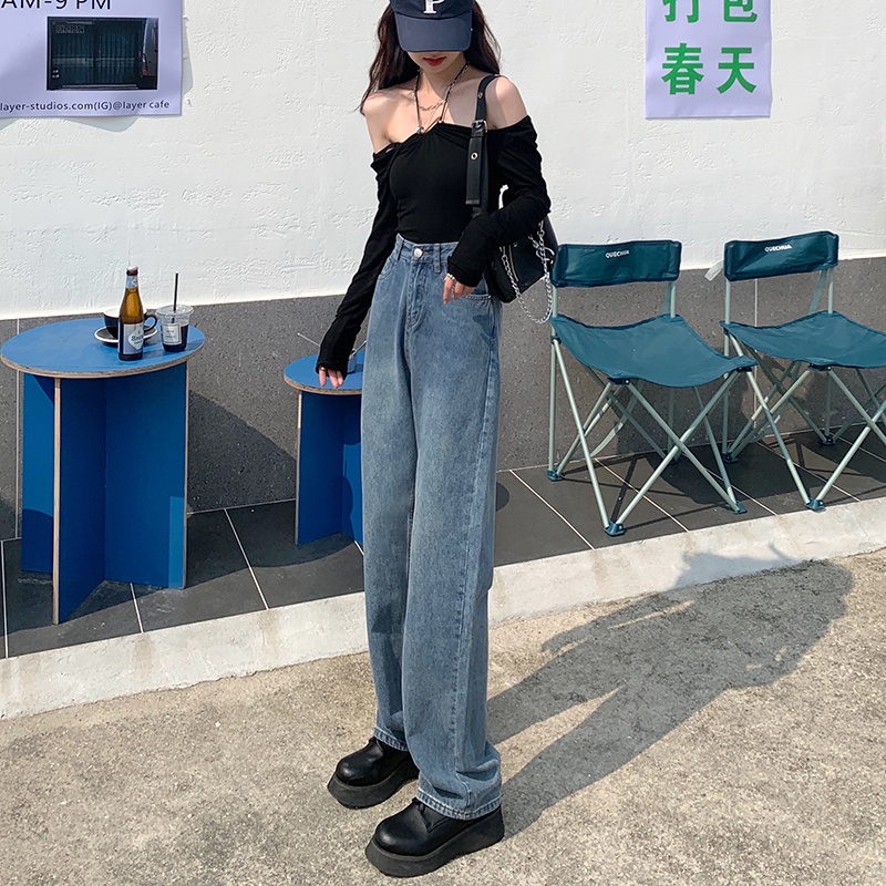 Quần jeans Nữ Lưng Cao Ống Rộng Thời Trang Hàn Quốc Cá Tính