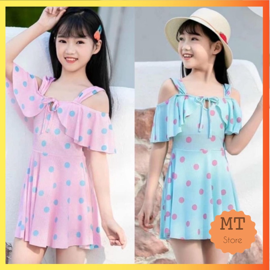 Bộ bơi áo tắm bikini liền thân chân váy cho bé gái từ 3 4 5 6 7 8 9 10 11 12 tuổi hoạ tiết chấm bi xinh xắn