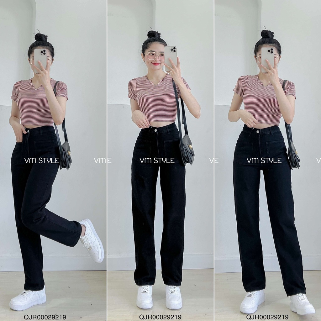 Quần jean rộng nữ VMSTYLE trơn lưng cao 2 túi hộp trước 265 QJR00029