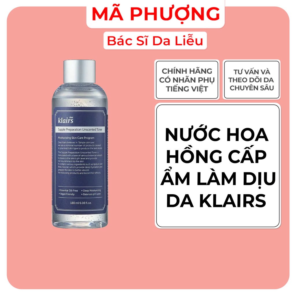Nước hoa hồng cấp ẩm làm dịu da Dear, Klairs Supple Preparation Unscented Toner 180ml