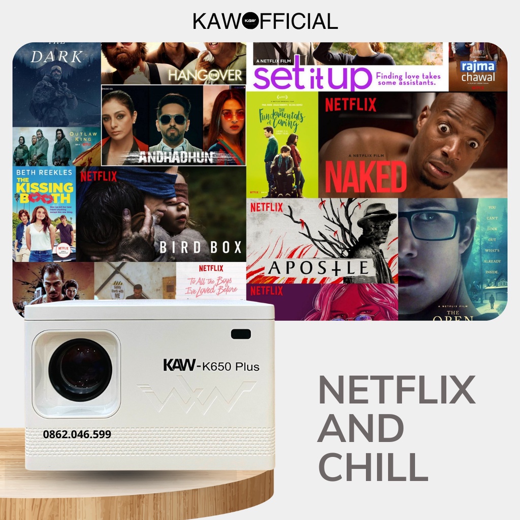 Máy chiếu mini KAW-K650 Plus Full HD 1080p, Hệ điều hành Android/IOS, Có cổng HDMI Bảo hành chính hãng 12 tháng