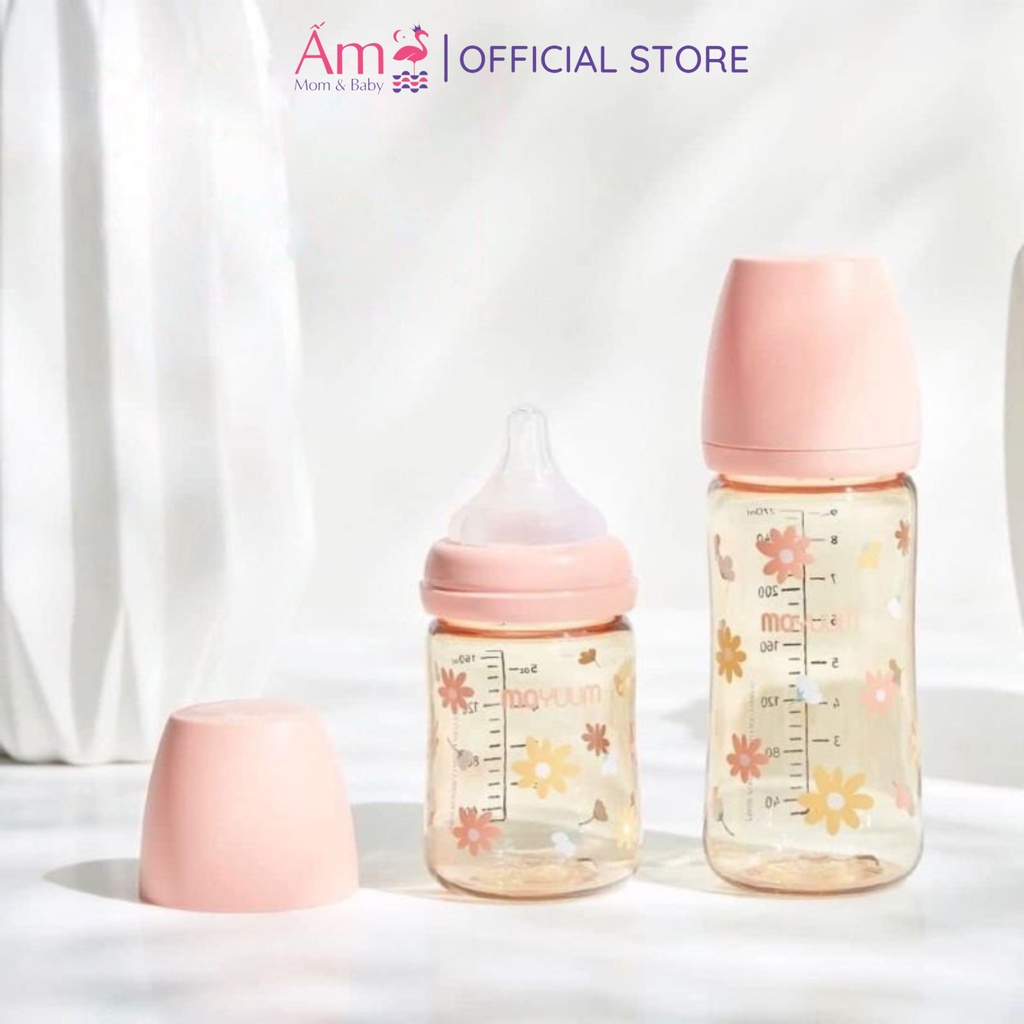Bình Sữa Moyuum Nội Địa Hàn Quốc Hoa Cúc PP Bởi Ấm Baby Nhựa PPSU Núm Silicon Siêu Mềm Cho Bé 170ml/ 270ml Ấm Gift Decor