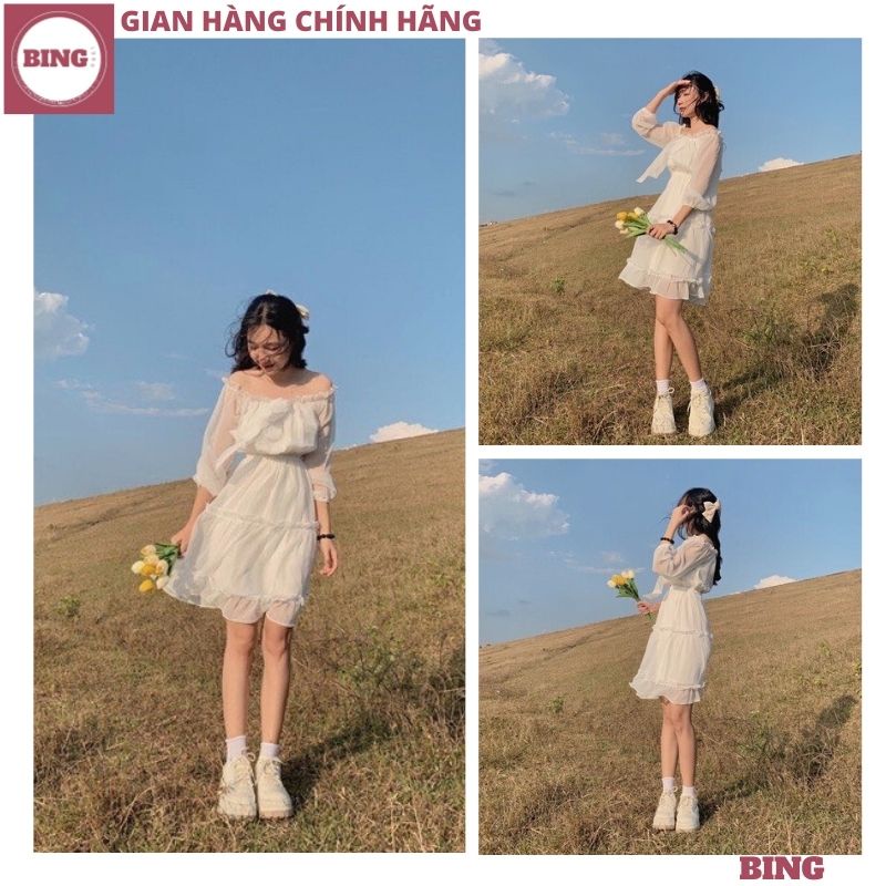 Váy babydoll trễ vai dài tay nơ trắng chất thô mềm điệu đà, đầm dáng xoè tay phồng siêu xinh kiểu dáng Hàn quốc - BING