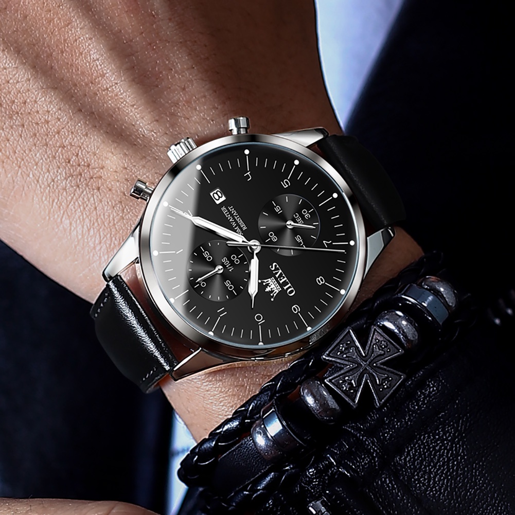 OLEVS  Đồng hồ nam chính hãng Dây da có chức năng Lịch chống nước phát sáng Mặt số   2880