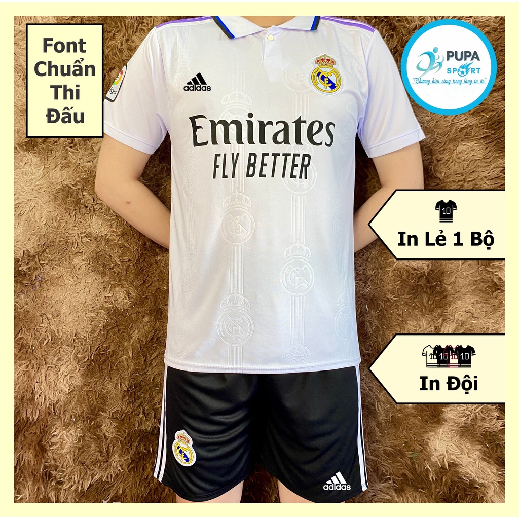 Áo Real Madrid sân nhà vải thun co giãn - trắng, in tên số theo yêu cầu, full logo chuẩn thi đấu.