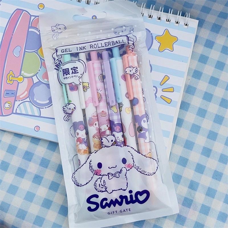 Set 6 bút viết mực Gel Sanrio ngòi 0.5mm kiểu dáng Kuromi Melody Cinnamoroll dễ thương