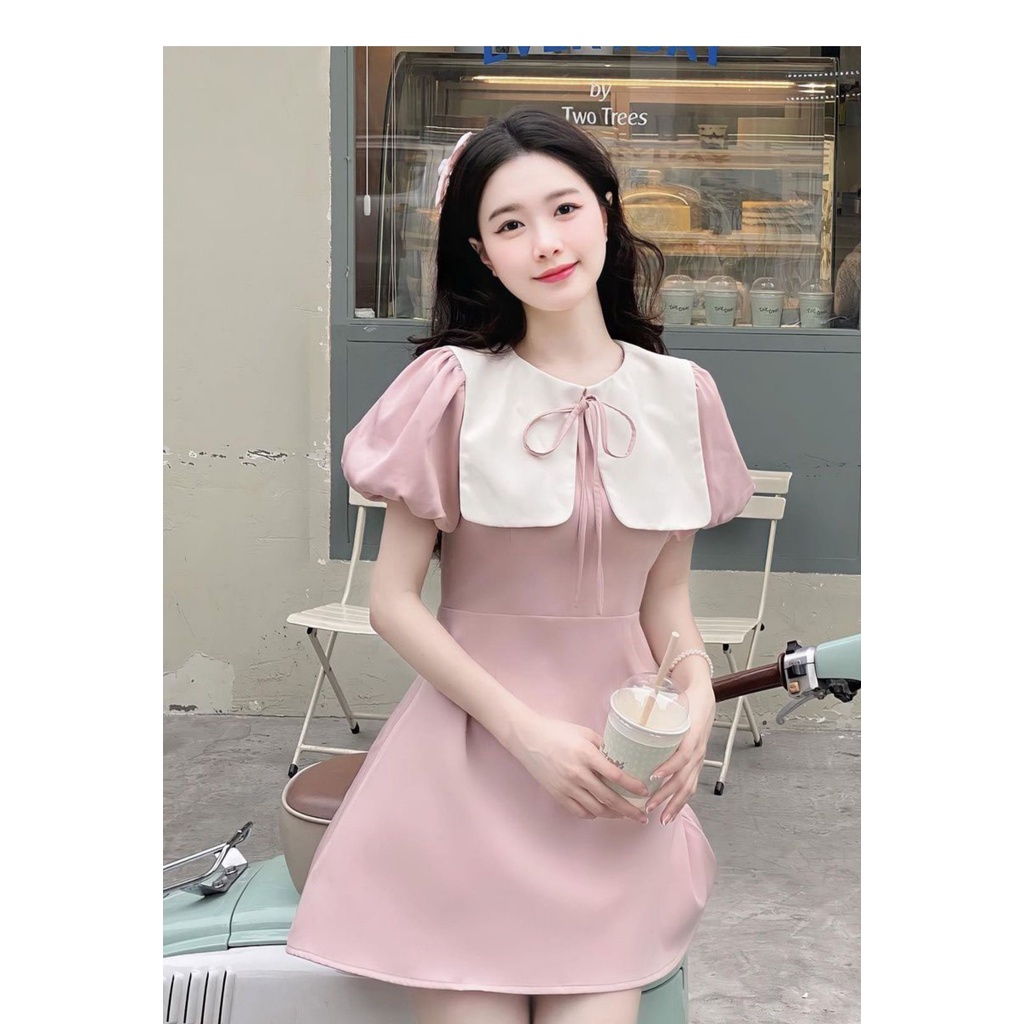 Váy thủy thủ bánh bèo phối cổ nhún tiểu thư dễ thương, Đầm babydoll dự tiệc ulzzang hàn quốc màu hồng | BigBuy360 - bigbuy360.vn