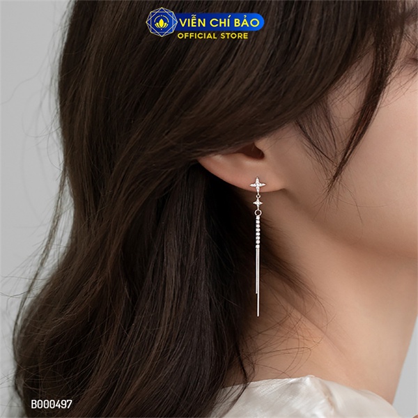Bông tai bạc nữ sao 4 cánh dài đính đá chất liệu bạc Ý 925 thời trang phụ kiện trang sức Viễn Chí Bảo B000497
