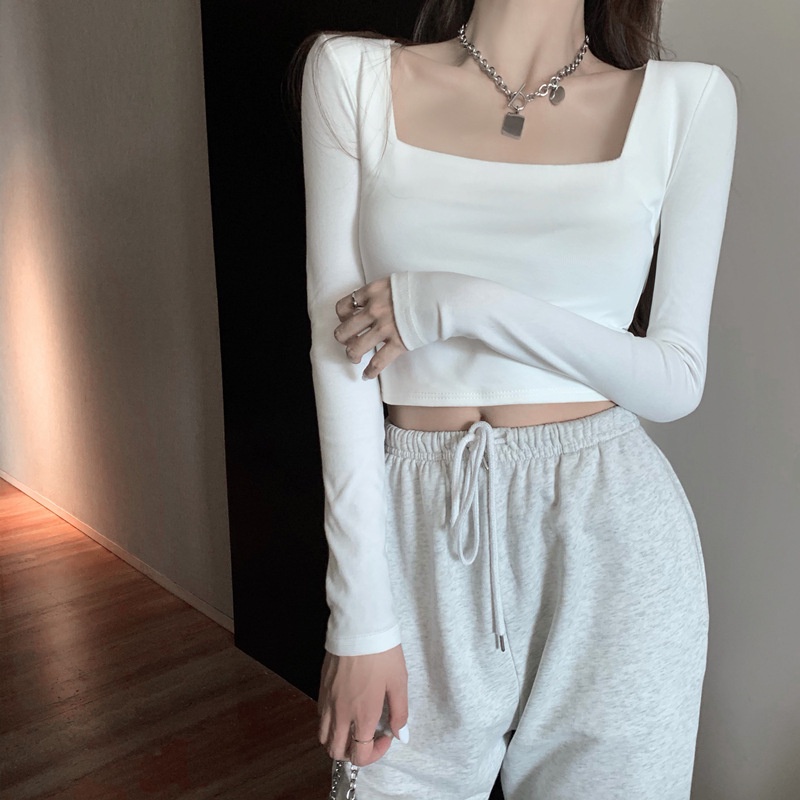 Áo Croptop Dài Tay Cổ Vuông Chất Thun Co Giãn 4 Chiều Madela, Croptop Cổ Vuông Dài Tay Freesize