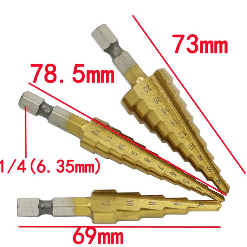 Bộ 3 Mũi Khoan Tháp Đa Năng, Chất liệu Titan Cao Cấp Từ 4-32mm