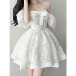 Đầm dự tiệc trễ vai nơ ngực tùng xòe cực xinh váy trắng xòe công chúa form chuẩn tôn dáng Midi dress