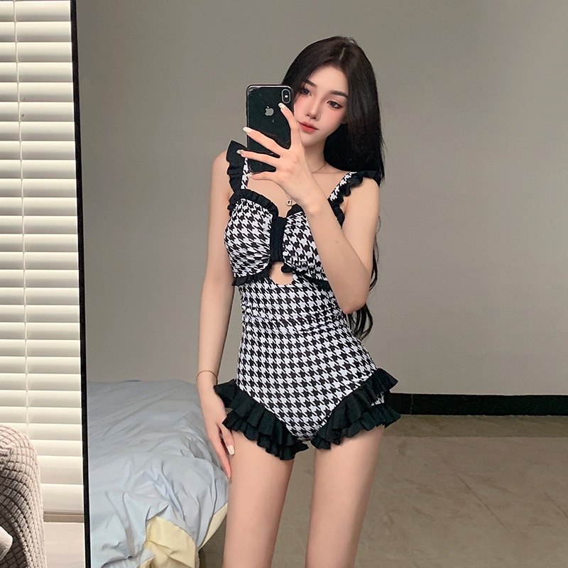 Bikini đi biển 2 dây 1 mảnh liền thân LUHAZO nơ ngực caro ziczac nhún bèo chiết eo tôn dáng che khuyết điểm 6851 B-11.1