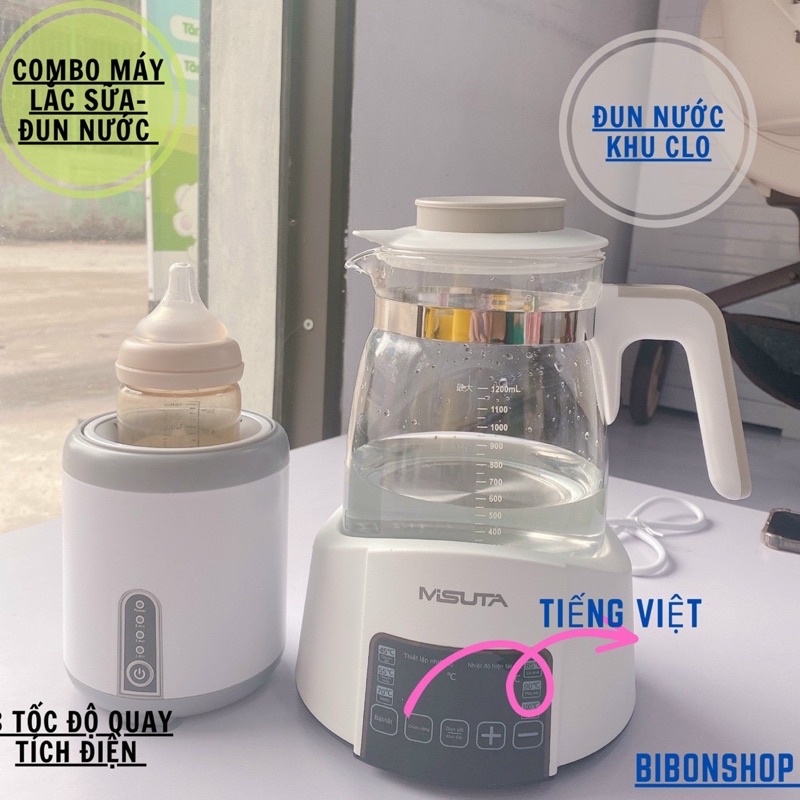Combo Máy đun nước pha sữa Misuta tieng viet kèm máy lắc sữa