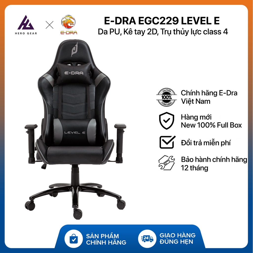 Ghế chơi game cao cấp E-Dra EGC229 LEVEL E đen xám - Kê tay 2D - Da Pu - Trụ thủy lực Class 4 - Hàng