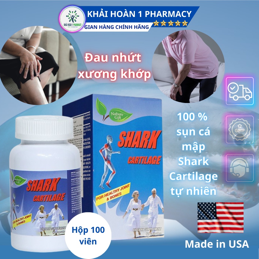 Sụn vi cá mập SHARK CARTILAGE mỹ hỗ trợ bảo vệ xương khớp và giảm đau khớp hiệu quả - Hộp 100 viên