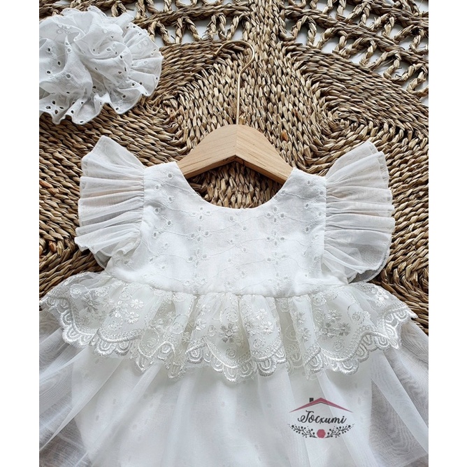 Body váy ren trắng thiên thần cánh tiên nơ lưng lưới cao cấp - Tocxumi