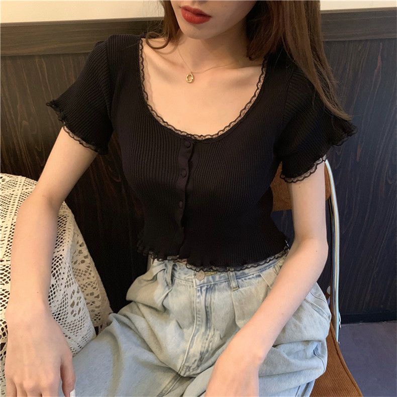 Áo croptop tay ngắn phối viền ren áo thun nũ cộc tay ôm body