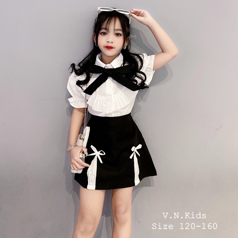 Set sơmi bèo + quần váy dáng A cho bé đi học size đại 17kg-40kg