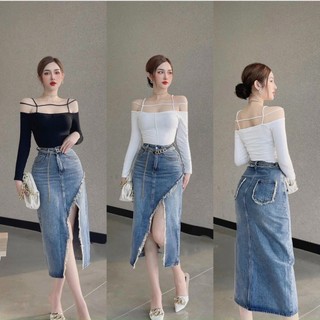 Chân váy jean dài lưng cao dáng chữ A Xẻ Tà -