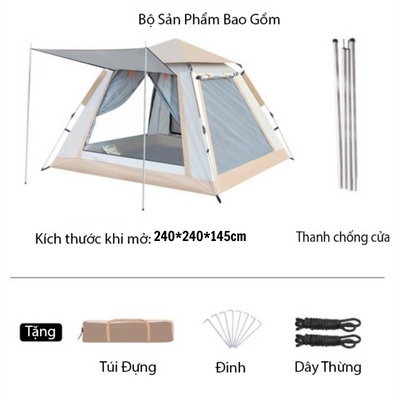 Lều cắm trại tự bung trắng kaki 2m4, lều bung mái kích thước lớn có 4 cửa kèm màn che cách nhiệt _KORAMAN