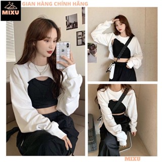 Set áo croptop dài tay khoét ngực kèm áo 3 lỗ bên trong đen trắng, Áo thun phối kiểu dáng trẻ trung năng động - MIXU
