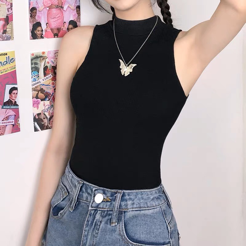 Bodysuit Thun Gân Ngắn Tay, Jumpsuit Thun Đen Phong Cách Đơn Giản